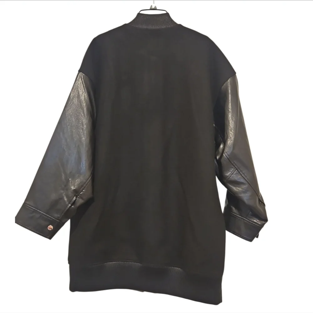 NWT Michael Kors Black Oversized Mixed Media Faux Leather Bomber Jacket S